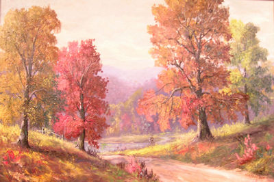 Clayson Baker : Autumn Country Lane with Pond and Split Rail Fence