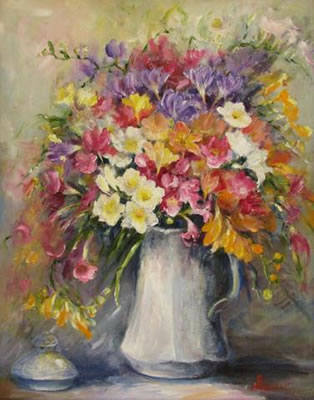 Sally Kriner : Summer bouquet in white porcelain pitcher