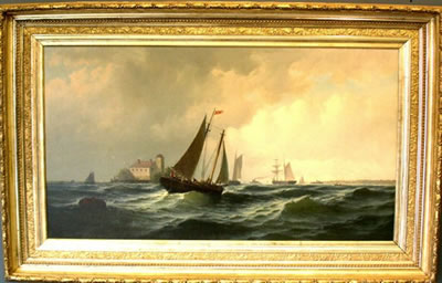 George Essig : New Jersey harbor view with sailboats and steamers