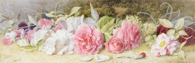 Mary Elizabeth Duffield : Still life of cut roses on a mossy bank