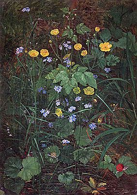 Carl Henrik Koch Moller : Buttercups and forget-me-nots on a forest floor