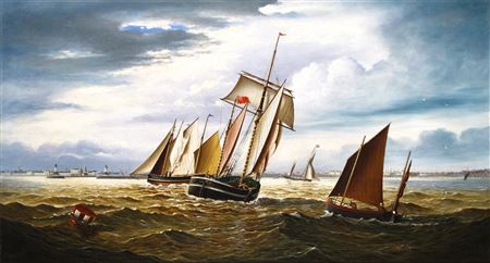 George Vempley Burwood : Four sailing vessels sailing into the port of Lowestoft