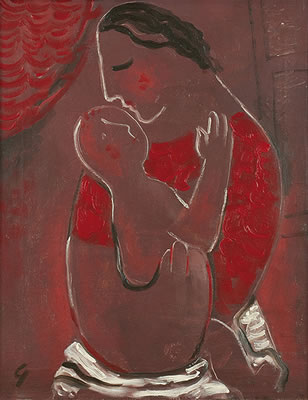 Mikulas Galanda : Mother with Child on Red - Brown Background