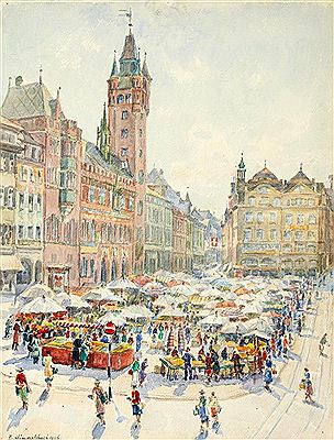 Emil Himmelsbach : Belebter Basler Marktplatz