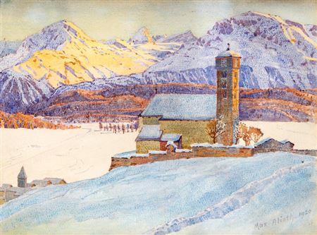 Max Alioth : Winterabend bei der Kirche St. Peter - Samedan