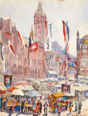 Emil Himmelsbach : Basler Marktplatz im Festschmuck