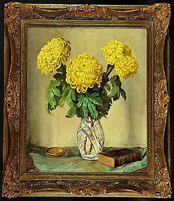 Heinz Schubert : 'Blumenstillleben mit Chrysanthemen in Kristallvase'