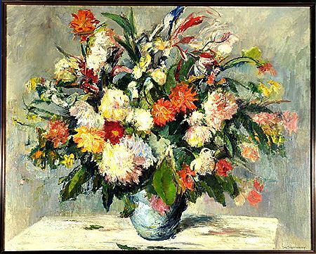 Otto Scheinhammer : Bunter Blumenstrauß mit Dahlien in Vase auf Tisch