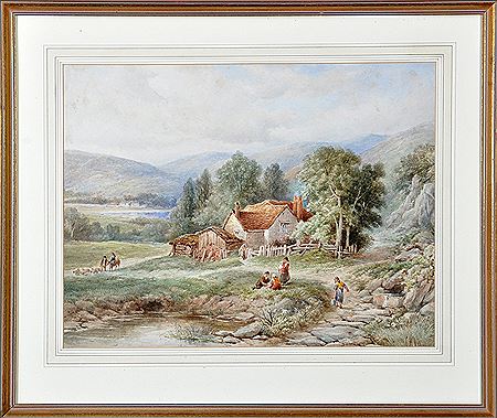 Charles M McArthur : RURAL SCENE' - CHILDREN ON A PATH NEAR A FARMHOUSE