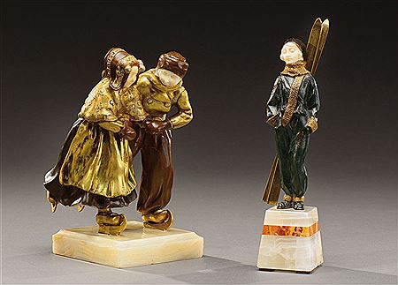 Louis Sosson : Sculpture chryséléphantine en bronze à patine polychrome et ivoire figurant une skieuse