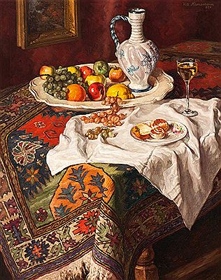 Wilhelm Hanemann : Still life with various fruits, a pottery can, a wine glass and an oriental carpet, arranged on a table