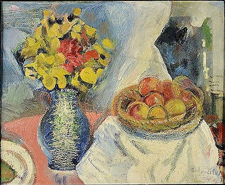 Eduard Milen : STILL LIFE WITH BUNCH OF FLOWERS AND BOWL OF FRUIT