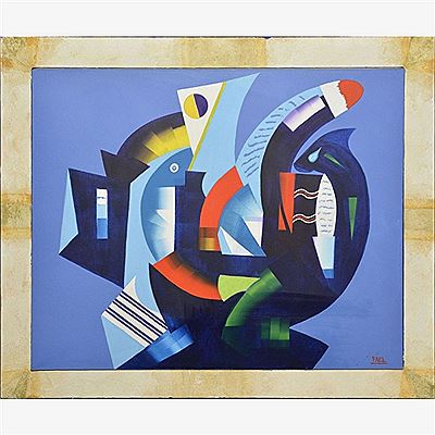 Bruno Fael : Composition polychrome fond bleu