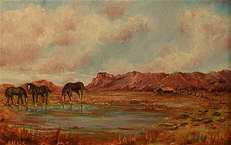 Tom Balazs : Landscape, Horses at drink