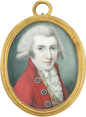 Joseph Bowring : A Gentleman, called Lord Clifden, wearing scarlet coat with blue and white enamelled silver buttons, white waistcoat embroidered with green and pink flowers and gold detail, white stock and tied lace cravat, his powdered wig worn en queue