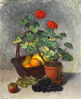 Kalman Kemeny : Still life with fruit and potted geranium