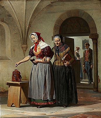 Conrad Oscar Carlson : 'Fra Kirken'. A girl donate to the church with her old mother.