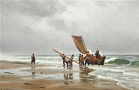 Carl Ludwig Thilson Locher : Lifeboat on the beach