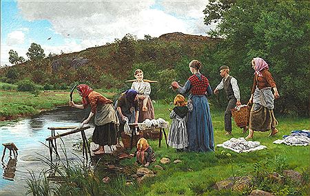 Joakim Skovgaard : Women and girls washing clothes by a river in Holland