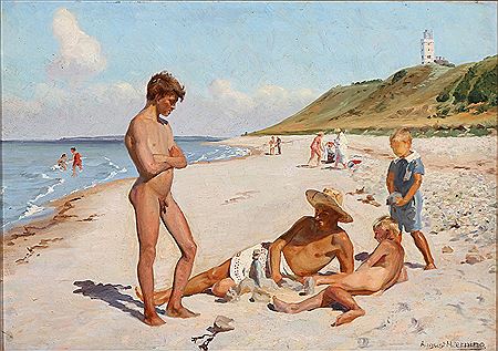 August Haerning : The painter August Hærning with his family on a beach in Gilleleje.