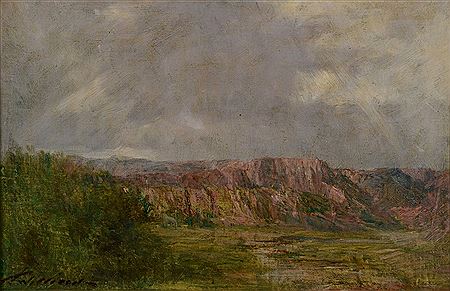 Thomas Jefferson Willison : Landscape of mountainous rock formations in the background with a stream and vegetation undergrowth in the foreground