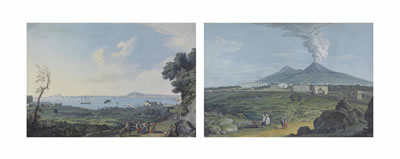 Saverio Xavier Della Gatta : View of Naples from Portici; and View of the Palazzo Reale at Portici with figures in the foreground and Mount Vesuvius in the background (2)