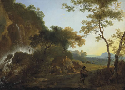 Adam Pynacker : An Italianate landscape with a traveler on a path by a waterfall