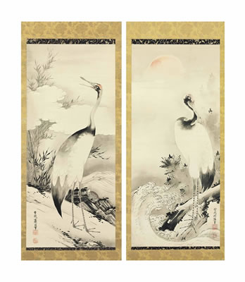 Soga Shohaku : Cranes with turtle and rising sun (2)