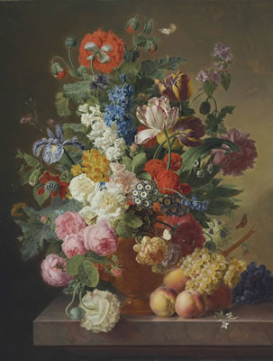 Jan Frans Van Dael : Peonies, roses, tulips, an iris and other flowers in an alabaster vase on a stone ledge with fruit