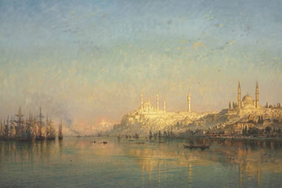 Ernst Karl Eugen Koerner : VIEW ACROSS THE GOLDEN HORN, HAGIA SOPHIA AND THE BLUE MOSQUE BEYOND, CONSTANTINOPLE