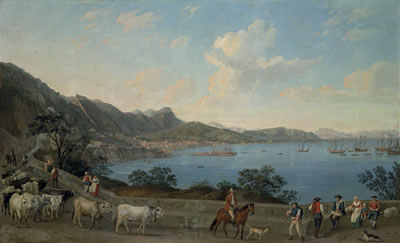 Jacob Philipp (Jakob) Hackert : The Port of Salerno from Vietri, with herdsmen and other figures in the foreground, with the Castello di Arechi beyond and shipping vessels in the bay