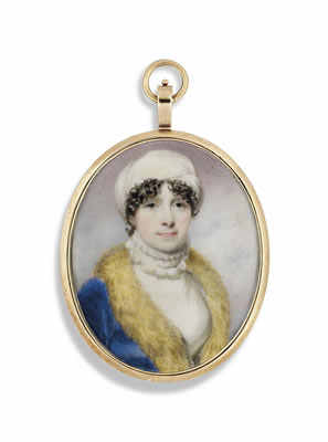 William John Newton : A lady, in white dress, fur-collared blue coat, white turban