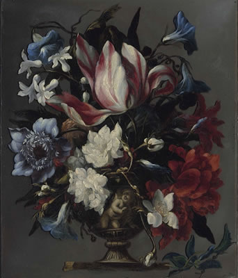 Bartolomeo Perez : A parrot tulip, an African marigold, morning glory, hyacinths and other flowers in a sculpted urn, on a ledge