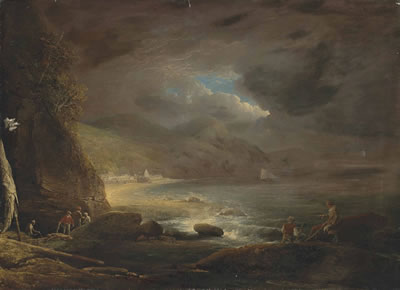 William Payne : A coastal landscape with figures preparing their nets on the shore, a town beyond