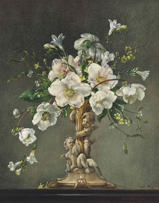 Herbert Davis Richter : Winter roses with freesias and mistletoe