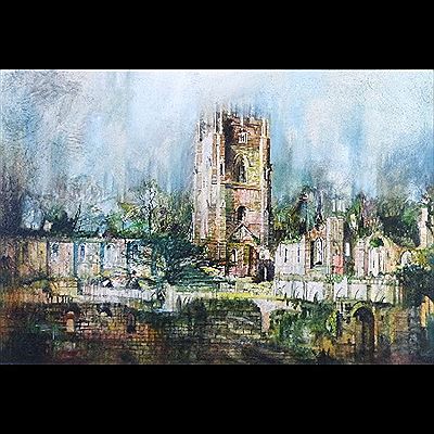 Eric Mason : Fountains Abbey landscape scene with a central church tower surrounded by derelict buildings