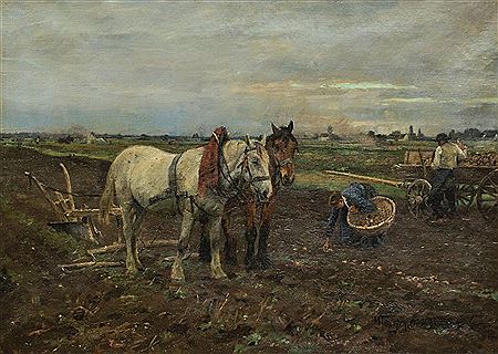 Max Joseph Pitzner : Pair of horses resting from ploughing, with a farmer and his wife beyond