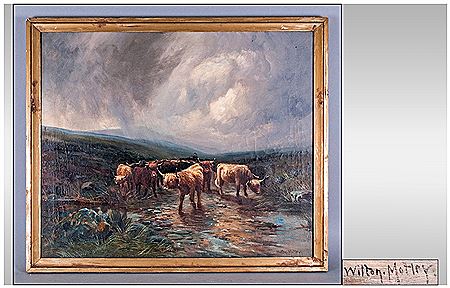 Wilton Morley : Oil On Canvas Of Highland Cattle Wading Through A Brook, with a storm in the skys above depicting in Grey Hues