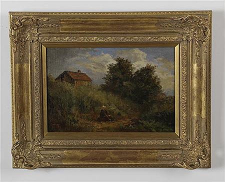 J H Thomas : Landscape with male figure donning a white hat and a barn in the background