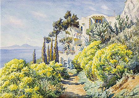 Paul Sollmann : Sommerlicher Garten auf Capri mit dem rauchenden Vesuv im Hintergr