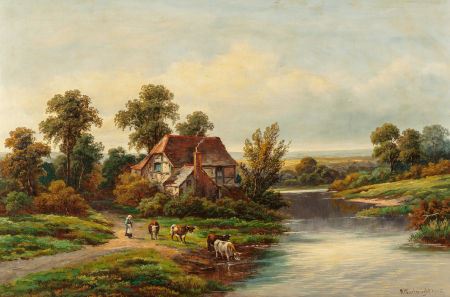 William P Cartwright : Riverside Cottage with Milkmaid and Cows