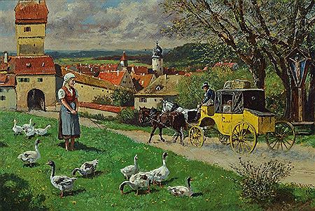 Fritz Bergen : The stagecoach passing a young woman tending the geese, in the background the city