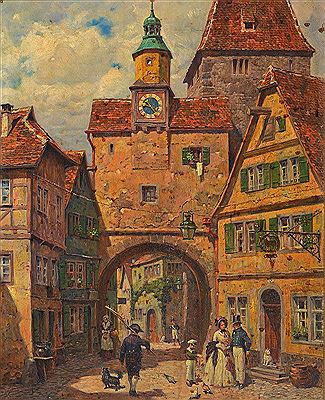 Hans Hanke : Rothenburg ob der Tauber mit einer Genreszene von 1830-1840, Biedermeier, treffliche Wiedergabe der Rot-und Grautöne in der Zerfallsmetaphorik durch die Person, erzählend dargestellt