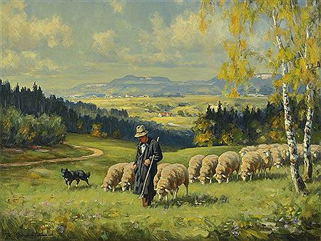 Karl Demetz : Shepherd with his flock on the Alb