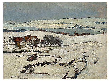 Felix Burgers : Winterlandschaft mit Dorf an einem See