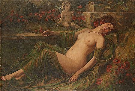 John William Schofield : Jeune femme nue endormie dans les coquelicots