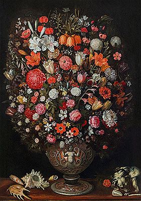 Jan (The Younger) Brueghel : Still life with flowers in a sculpted vase