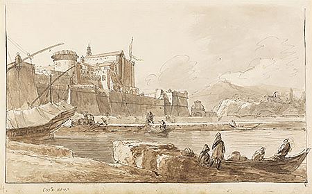 Ignaz Duvivier : Blick auf das Castel Nuovo (genannt Maschio Angioino) in Neapel. Early 19th century