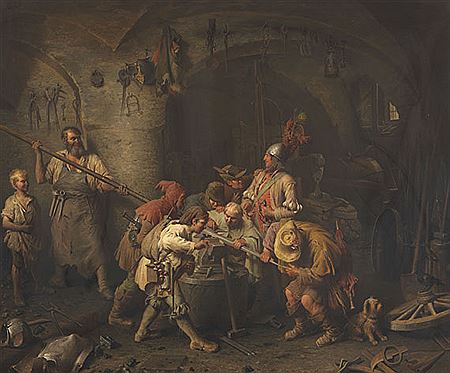 Peter Baumgartner : Die sieben Schwaben in der Schmiede. 1866