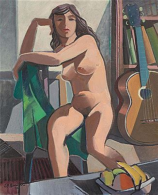 Ernst Georg Heussler : Female nude with guitar. 1952